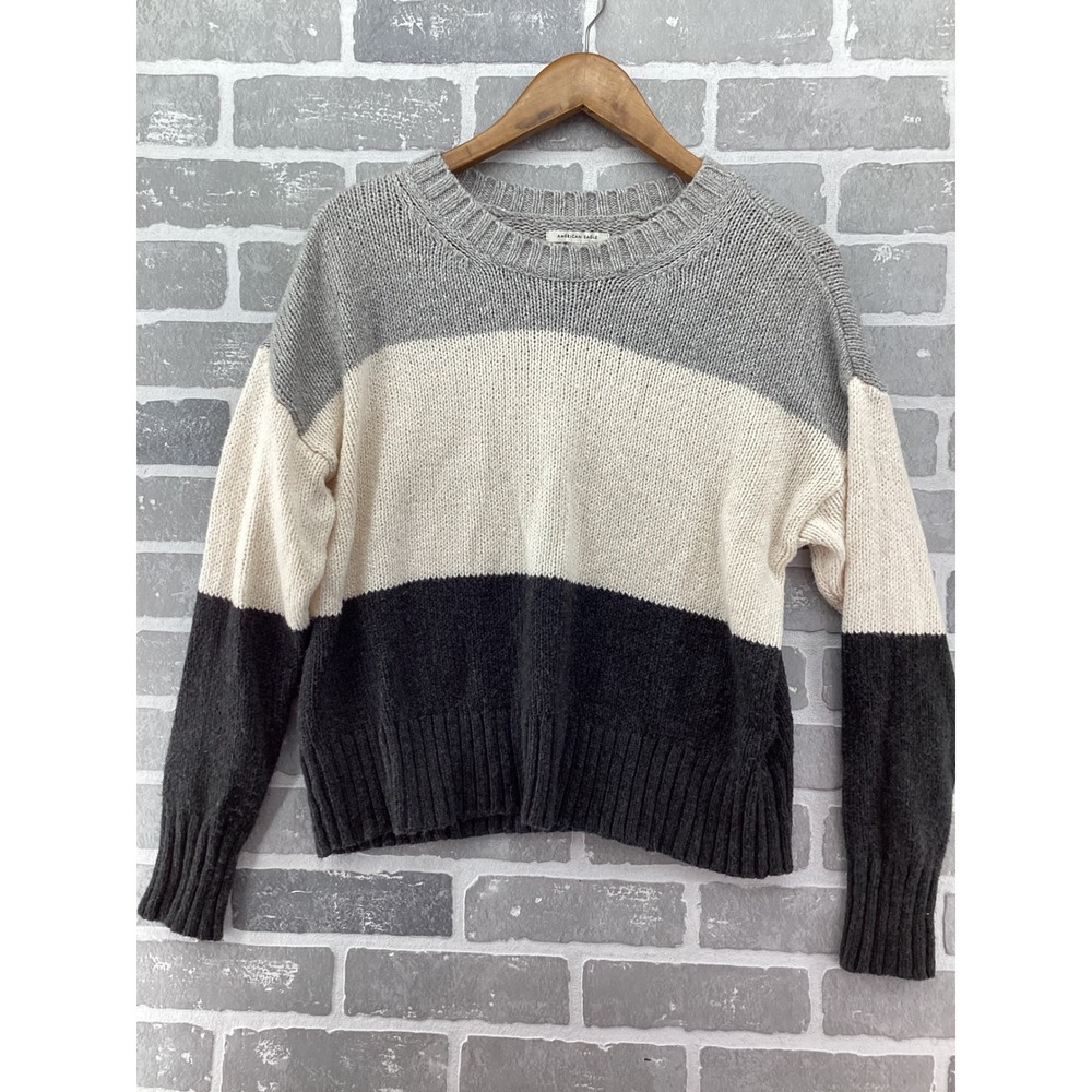 American Eagle Women Gray Cream Colorblock Knit Crewneck Sweater Small